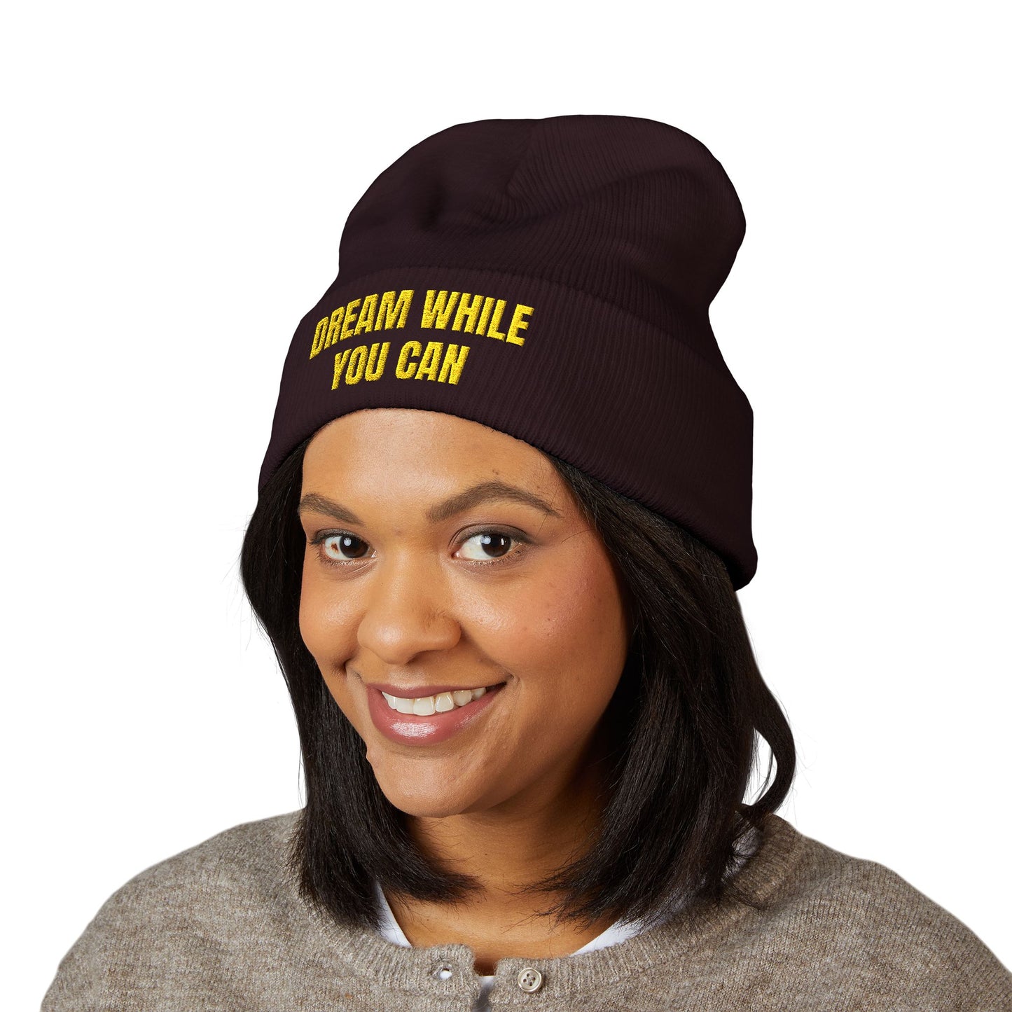 Dream While You Can Cuffed Beanie, Cozy Winter Accessory, Gift for Dreamers, Inspirational Beanie, Unisex Knitted Hat