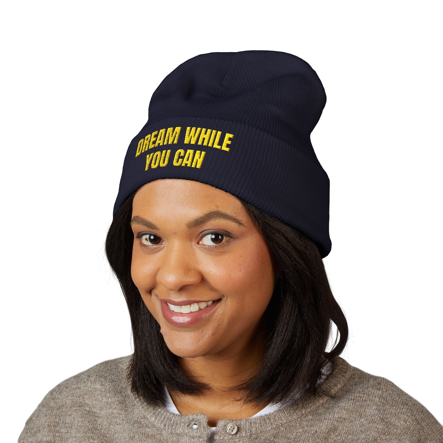 Dream While You Can Cuffed Beanie, Cozy Winter Accessory, Gift for Dreamers, Inspirational Beanie, Unisex Knitted Hat