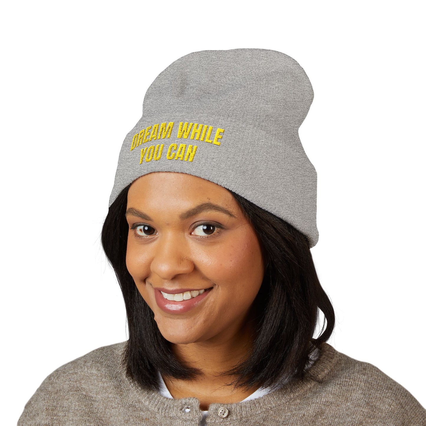 Dream While You Can Cuffed Beanie, Cozy Winter Accessory, Gift for Dreamers, Inspirational Beanie, Unisex Knitted Hat