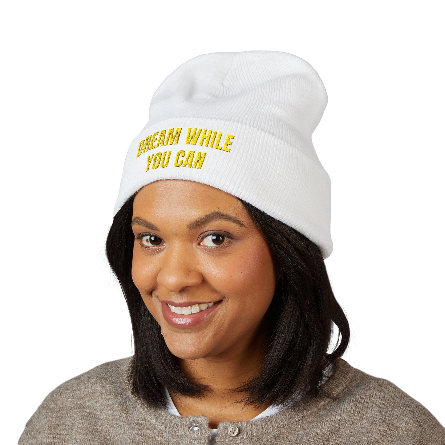Dream While You Can Cuffed Beanie, Cozy Winter Accessory, Gift for Dreamers, Inspirational Beanie, Unisex Knitted Hat