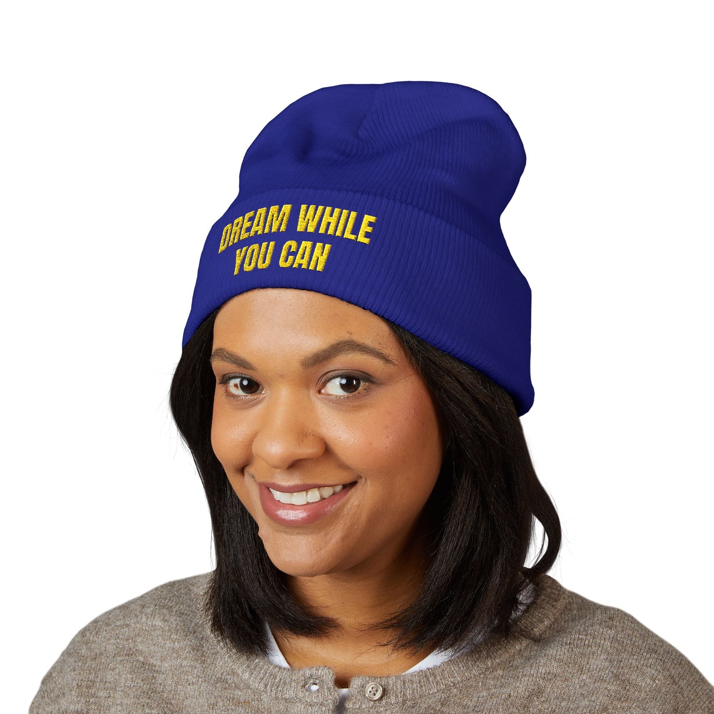 Dream While You Can Cuffed Beanie, Cozy Winter Accessory, Gift for Dreamers, Inspirational Beanie, Unisex Knitted Hat