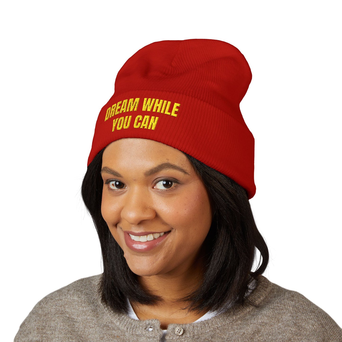 Dream While You Can Cuffed Beanie, Cozy Winter Accessory, Gift for Dreamers, Inspirational Beanie, Unisex Knitted Hat