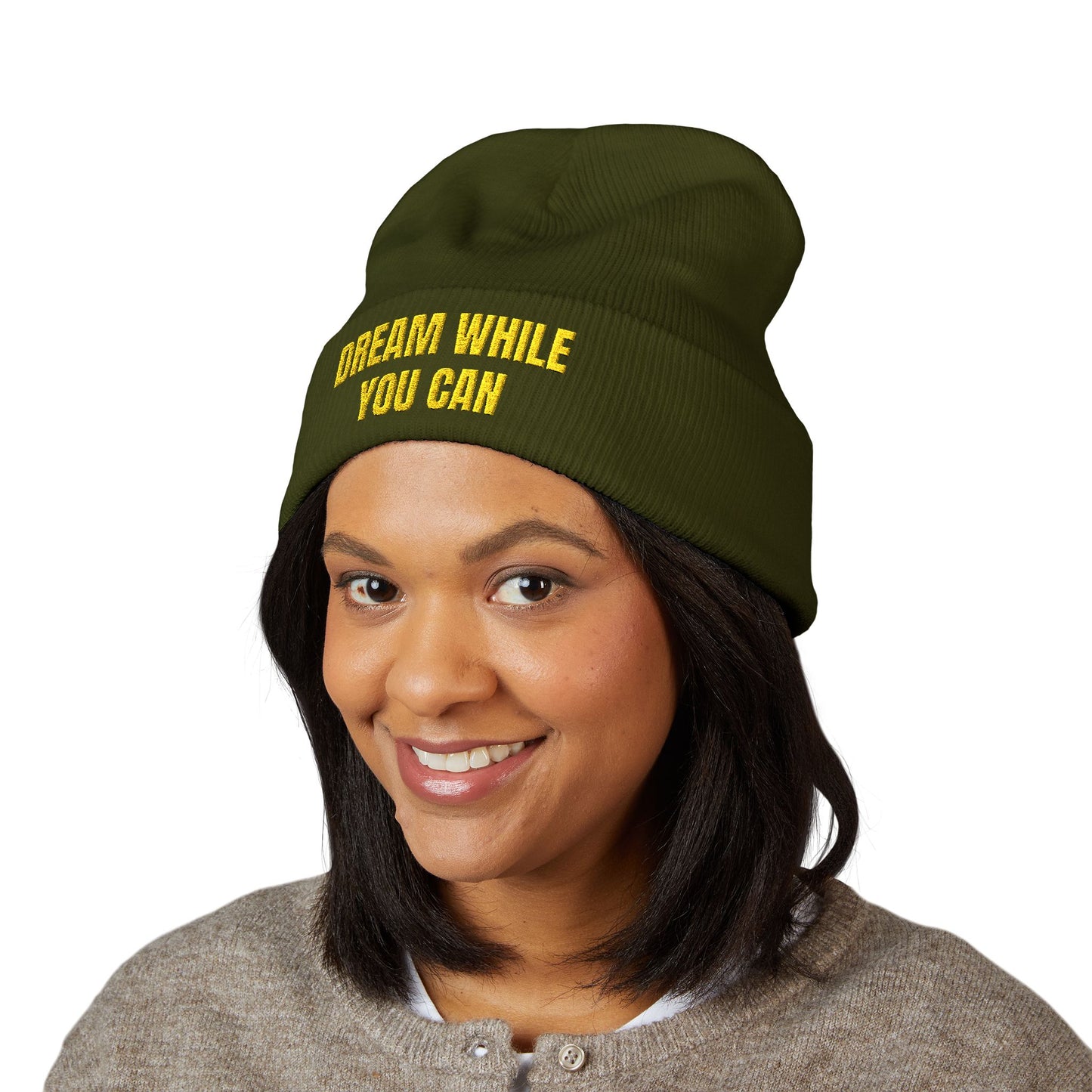 Dream While You Can Cuffed Beanie, Cozy Winter Accessory, Gift for Dreamers, Inspirational Beanie, Unisex Knitted Hat