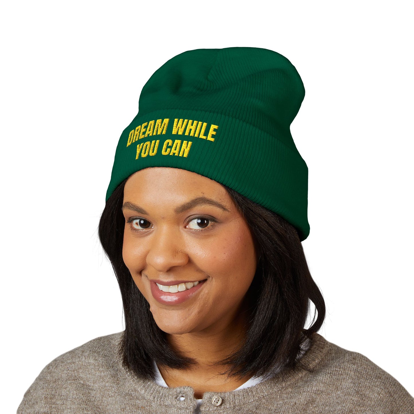 Dream While You Can Cuffed Beanie, Cozy Winter Accessory, Gift for Dreamers, Inspirational Beanie, Unisex Knitted Hat
