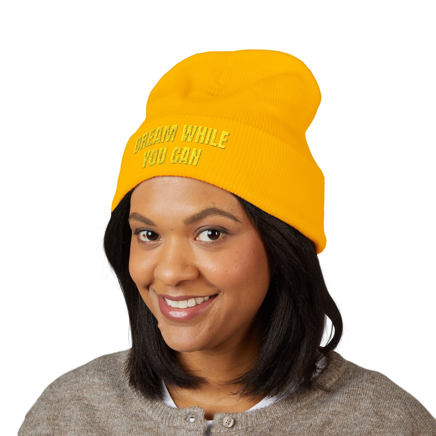 Dream While You Can Cuffed Beanie, Cozy Winter Accessory, Gift for Dreamers, Inspirational Beanie, Unisex Knitted Hat