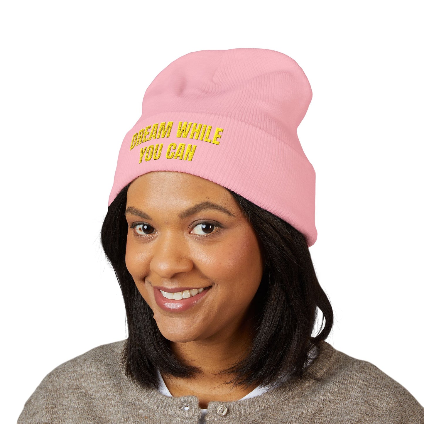 Dream While You Can Cuffed Beanie, Cozy Winter Accessory, Gift for Dreamers, Inspirational Beanie, Unisex Knitted Hat