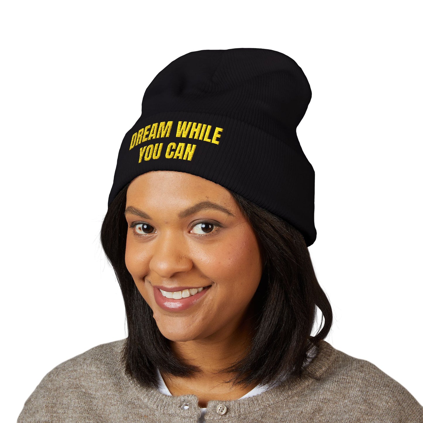 Dream While You Can Cuffed Beanie, Cozy Winter Accessory, Gift for Dreamers, Inspirational Beanie, Unisex Knitted Hat